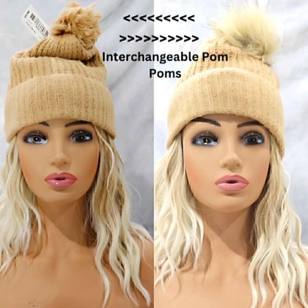 Detachable or Interchangeable Two Pom Beanie Cuffed Winter Knit Hat in Tan NWT